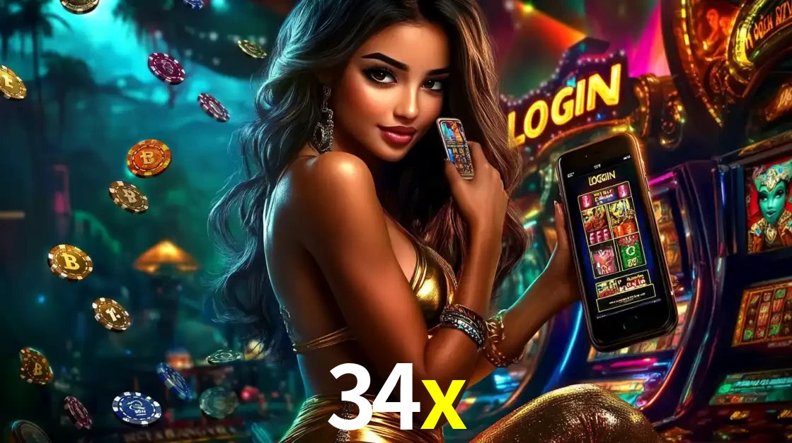 Mulher em um cenário de cassino temático de aventura, mostrando o app de caça-níqueis da 34x no celular. Fichas de apostas flutuam ao redor.